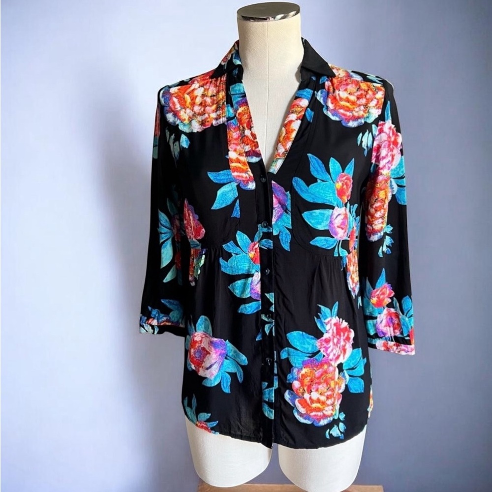 MAEVE Blouse Sz 2 Anthropologie Woodland Walk Floral Black Boho Button Down Chic